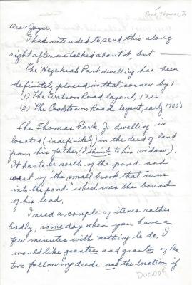 Letter and map relating to Thomas Park Jr.
