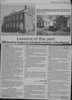 Lessons of the past-East Windsor Society hopes to refurbish historic schoolhouse. Article from the Journal Inquirer, dated April 14, 1998.
