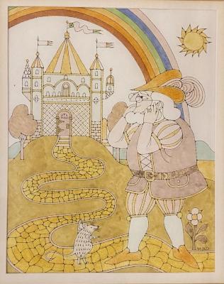 Nobleman on yellow brick road leading to castle and rainbow 