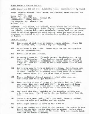 Oral history interview with Seymour Manufacturing workers John Chubat, Sam Kwochka, Frank Pochron, and Joe Yrchik
