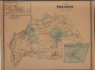 Colorized maps of Preston, CT 1868 with insets of Poquetanock and Preston City