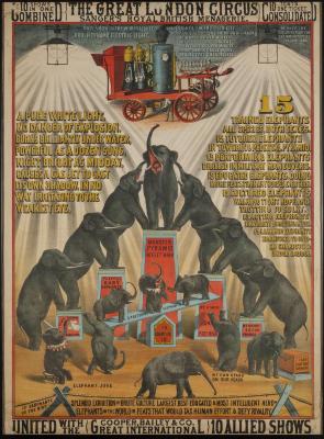 Poster: "Fifteen Trained  Elephants in Towering Pedestal Pyramid"