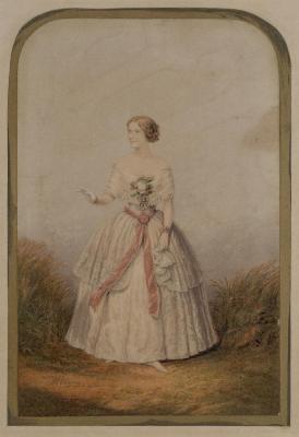 Print: Portrait of "Jenny Lind" in a white dress with rose pink  sash