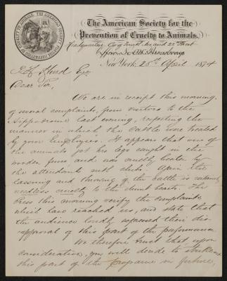 Letter: ASPCA Correspondence to Samuel Hurd from Henry Bergh, April 29, 1874