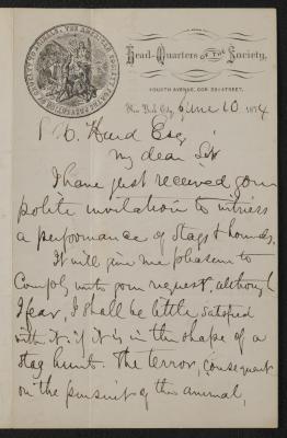 Letter: ASPCA Correspondence to Samuel Hurd from Henry Bergh, June 10, 1874