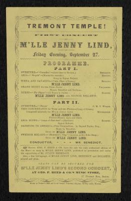 Program: Program for "First Concert of M'lle Jenny Lind" at Tremont Temple, Boston