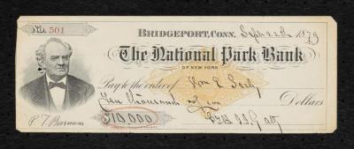 Check, Bank: The National Park Bank of New York Check No. 501 with image of P.T. Barnum, 1879
