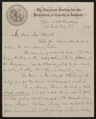 Letter: ASPCA Correspondence to Samuel Hurd from Henry Bergh, May 23, 1876