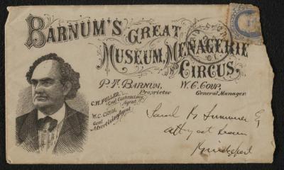 Letter: Stationary envelope featuring Barnum's Great Museum, Menagerie, and Circus, sent to Saul [?]