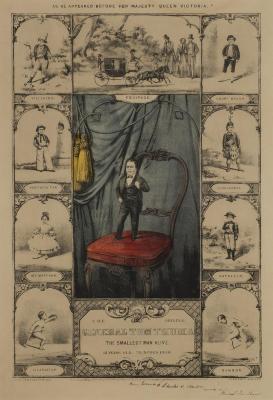 Print: "General Tom Thumb as he appeared before Her Majesty Queen Victoria" by Currier &amp; Ives (owned by the Barnum Museum)