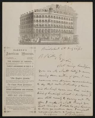 Letter: To B. P. Cilley from P.T. Barnum, July 22, 1861