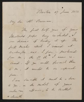 Letter: To P.T. Barnum from Edward Everett, June 27, 1853