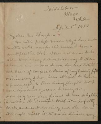Letter: My dear Mrs. Thompson from M. Lavinia Warren, April 1, 1917