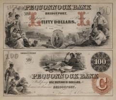 Money, Paper: Pequonnock Bank banknotes with signature of P.T. Barnum
