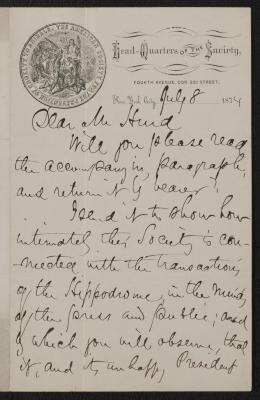 Letter: ASPCA Correspondence to Samuel Hurd from Henry Bergh, July 8, 1874