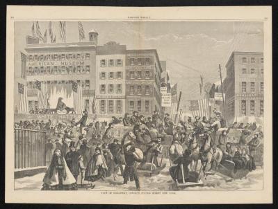 Newspaper: Centerfold of Harper's Weekly, "View of Broadway, Opposite Fulton Street, New York,"  with Barnum's American Museum in the background, Feb. 1860 