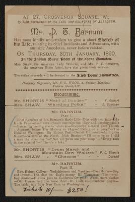 Advertisement: Handbill for lecture given by P. T. Barnum at Grosvenor Square, January 30, 1890